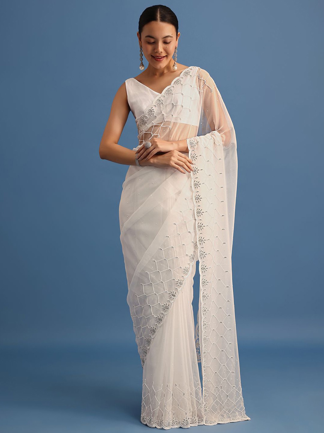 

KALKI Fashion Women Embellished Beads and Stones Organza Saree, White