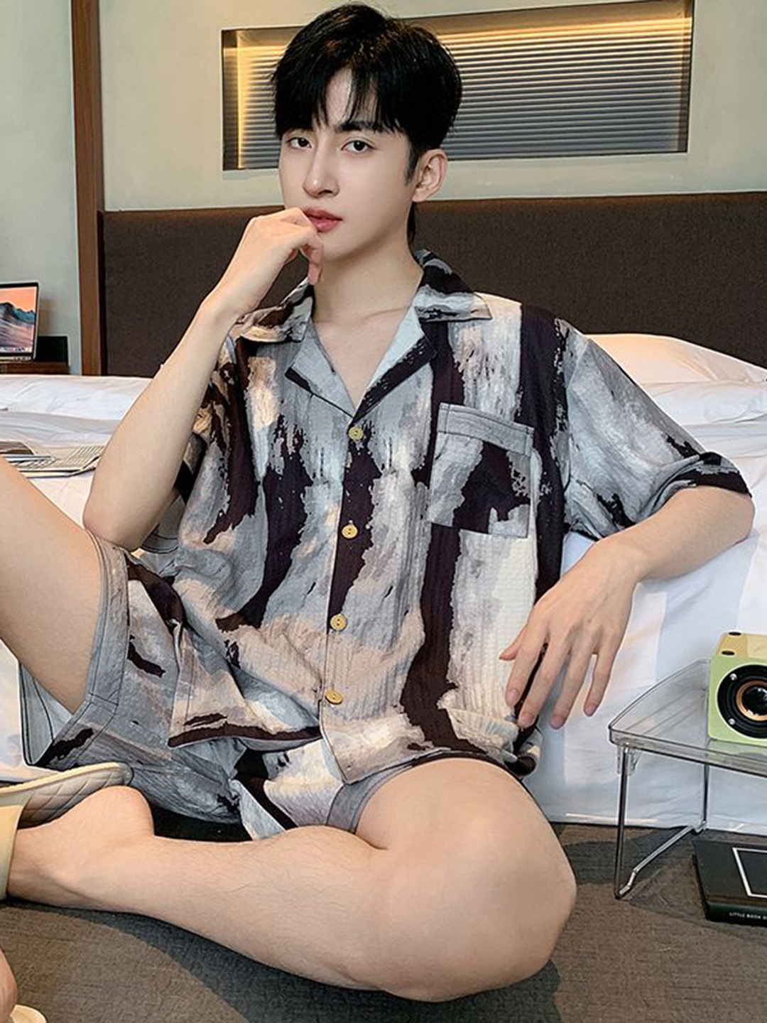 

StyleCast Printed Lapel Collar Shirt with Shorts Night Suit, Grey