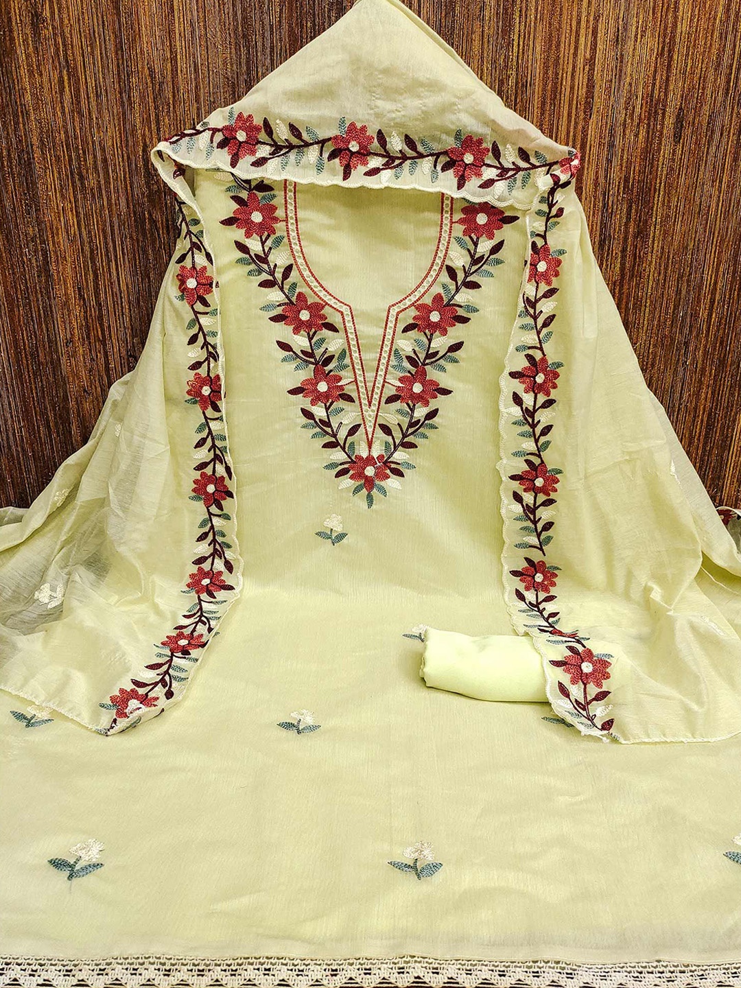 

Peachmode Floral Embroidered Chanderi Silk Unstitched Dress Material, Yellow