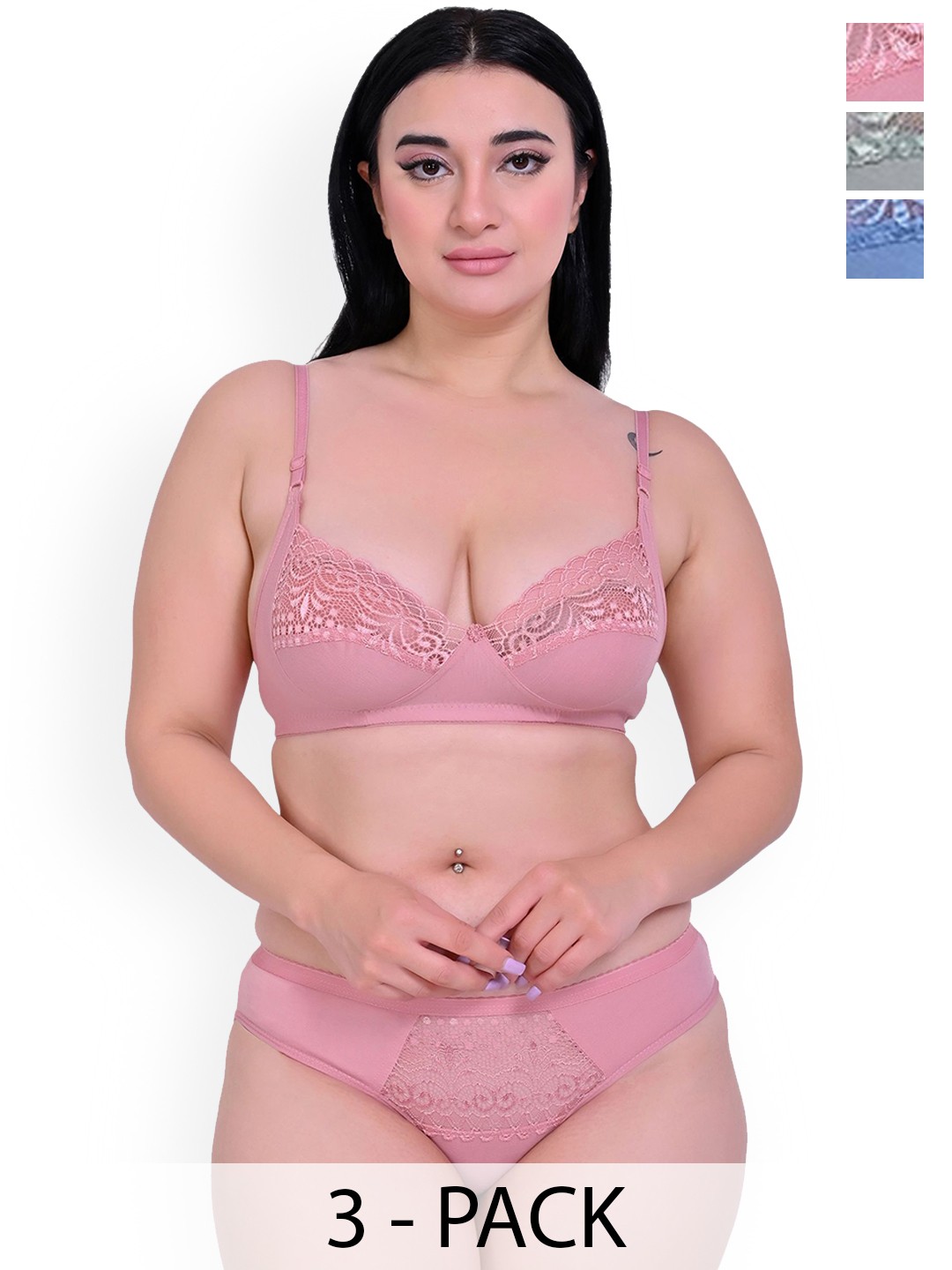 

Piylu Women Pack Of 3 Self Design Non-Padded Lingerie Sets, Blue