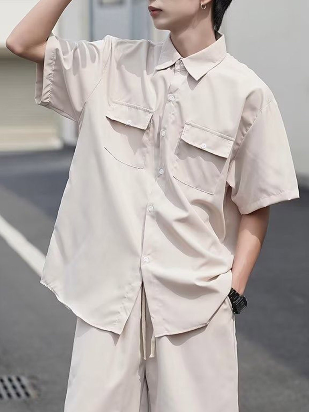 

StyleCast Beige Short Sleeves Shirt With Shorts