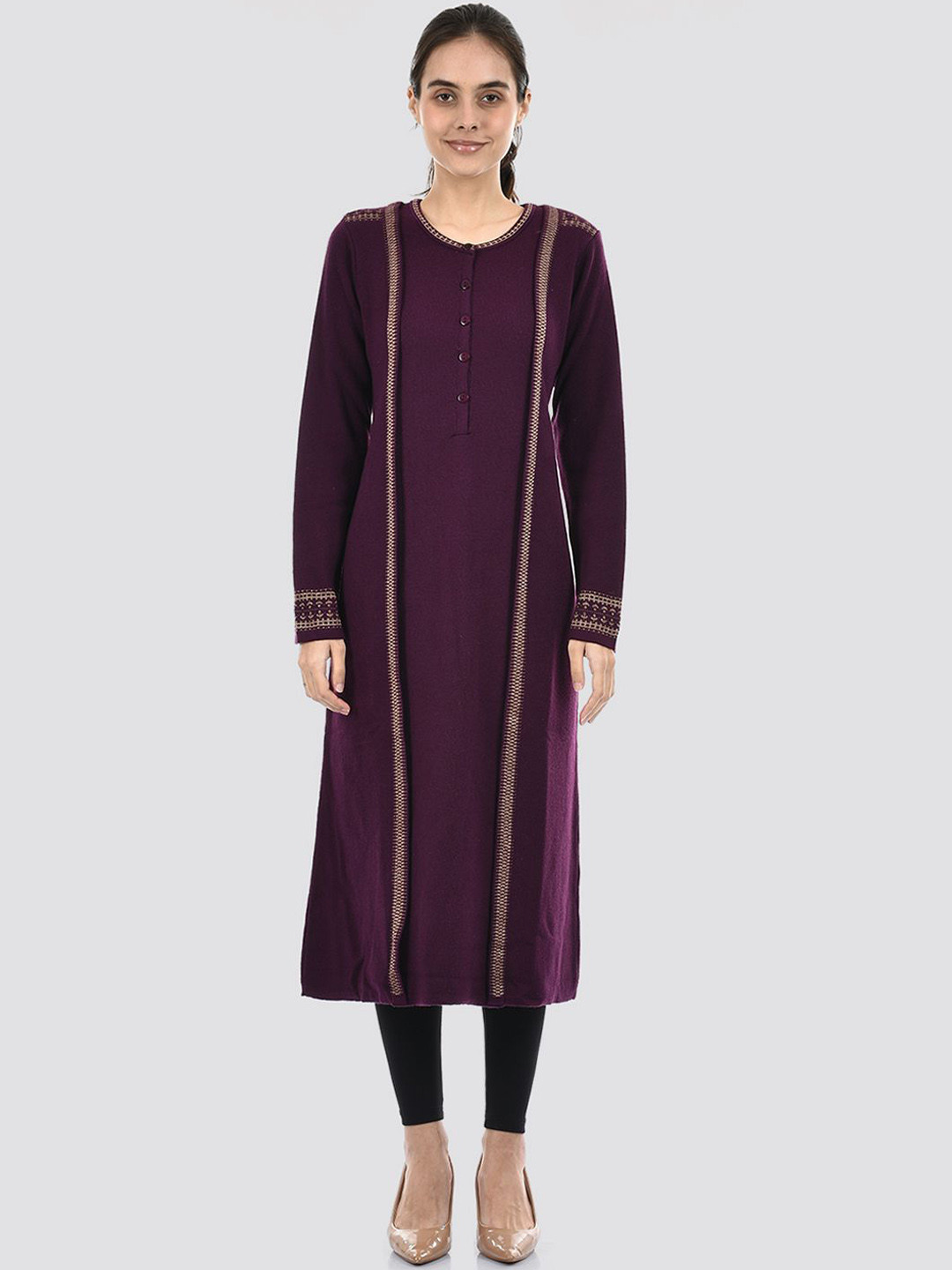 

American Eye Woven Design Round Neck Straight Kurta, Purple