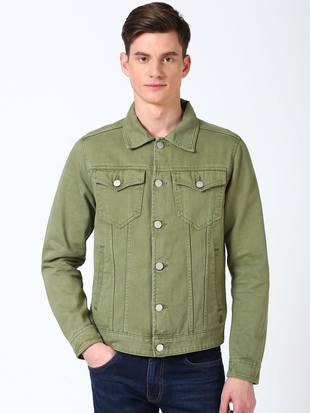 

Peter England Casuals Men Spread Collar Solid Cotton Casual Denim Jacket, Olive