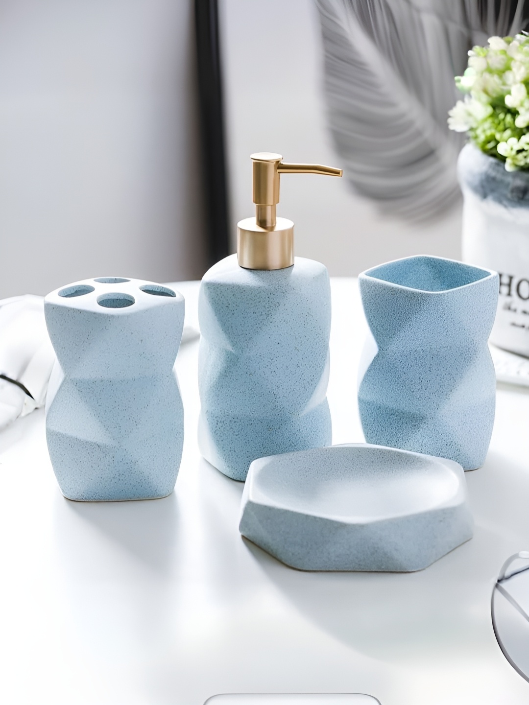 

The Better Home Blue & Gold-Toned 4 Pieces Ceramic Glossy Bath Accessories Set