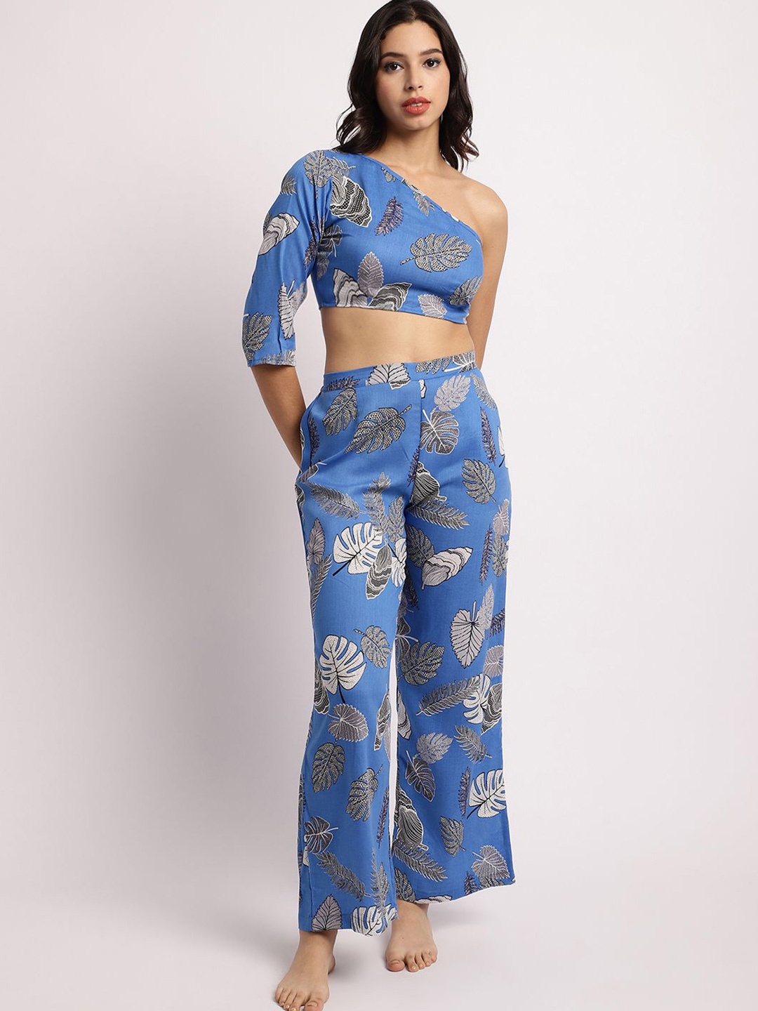 

EROTISSCH Tropical Printed One Shoulder Top With Trouser, Blue