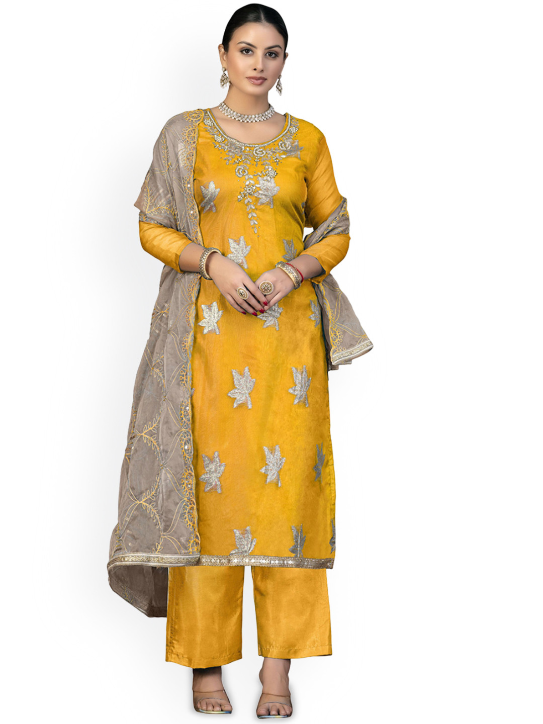 

Maroosh Ethnic Motifs Embroidered Organza Unstitched Dress Material, Orange