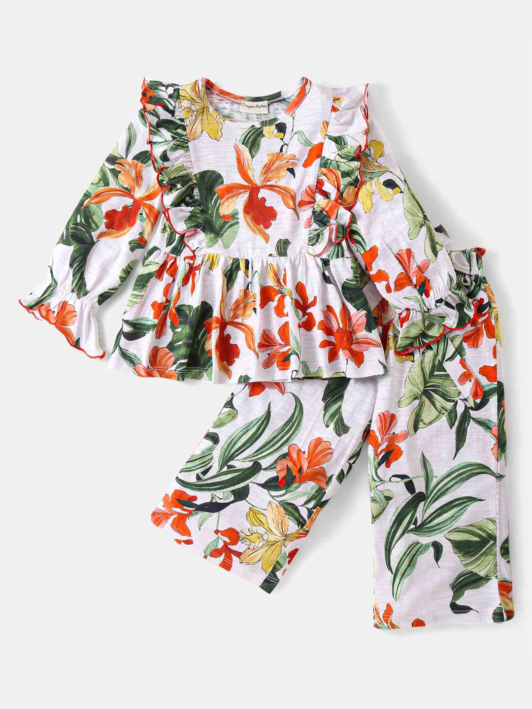 

CrayonFlakes Girls Floral Printed Pure Cotton Top with Palazzos, Off white