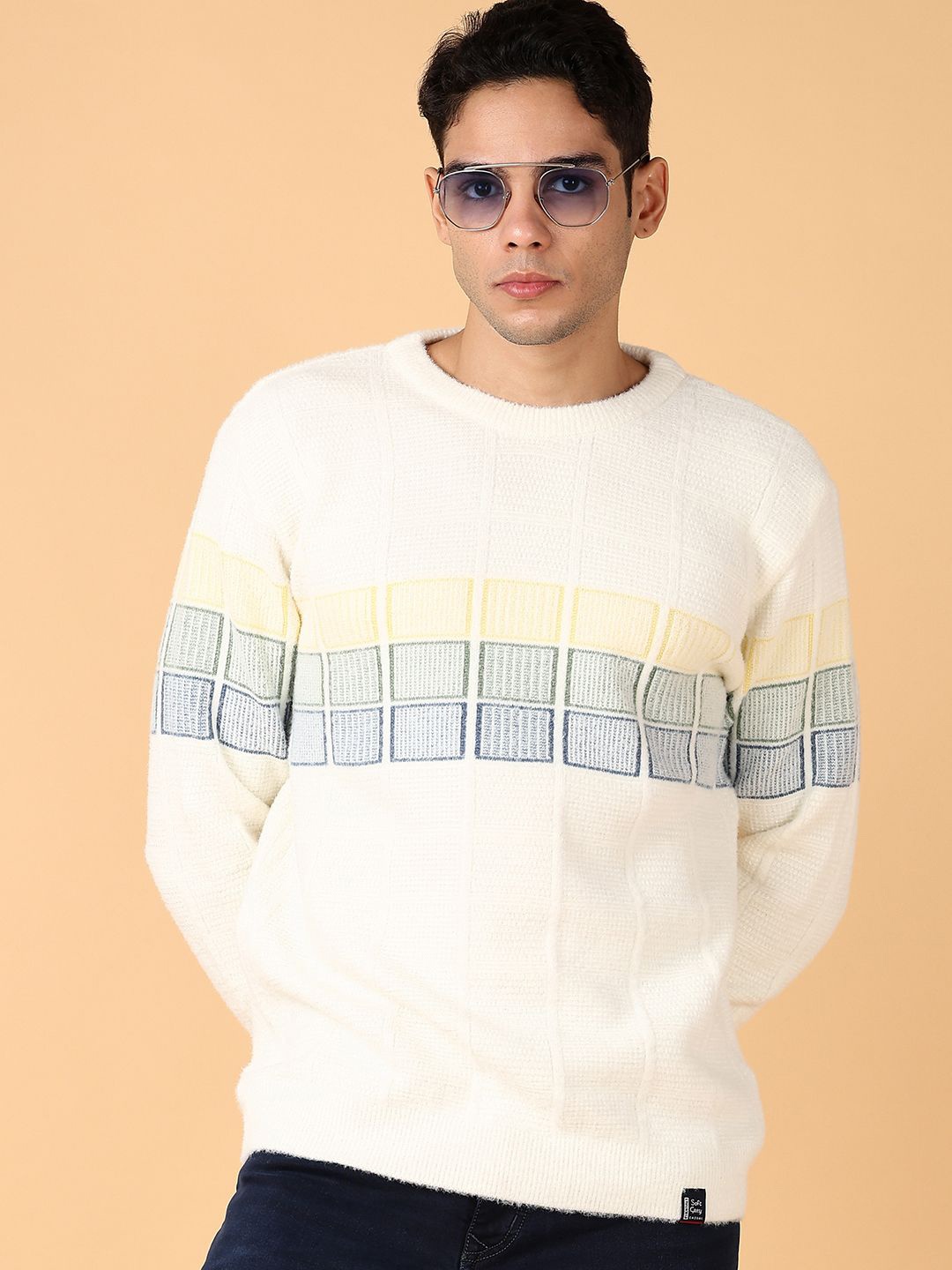 

V-Mart Men Cotton Geometric Self Design Pullover Sweaters, Off white