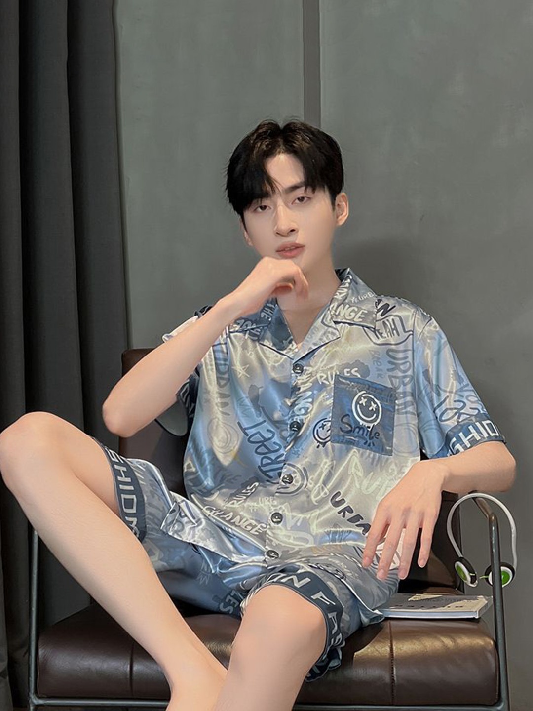 

StyleCast Printed Shirt With Shorts Night Suit, Grey