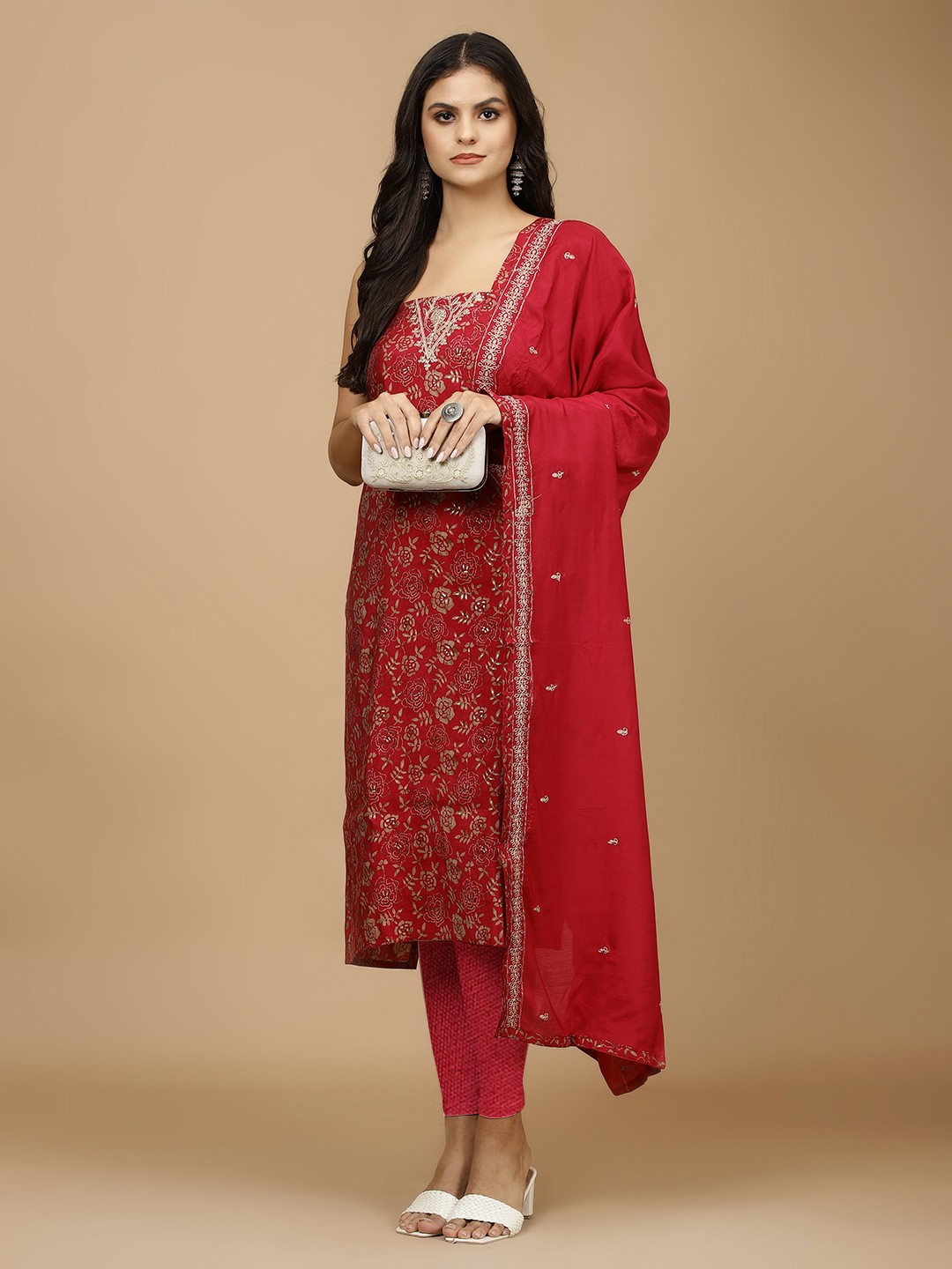 

Meena Bazaar Floral Printed Thread Work Unstitched Dress Material, Pink