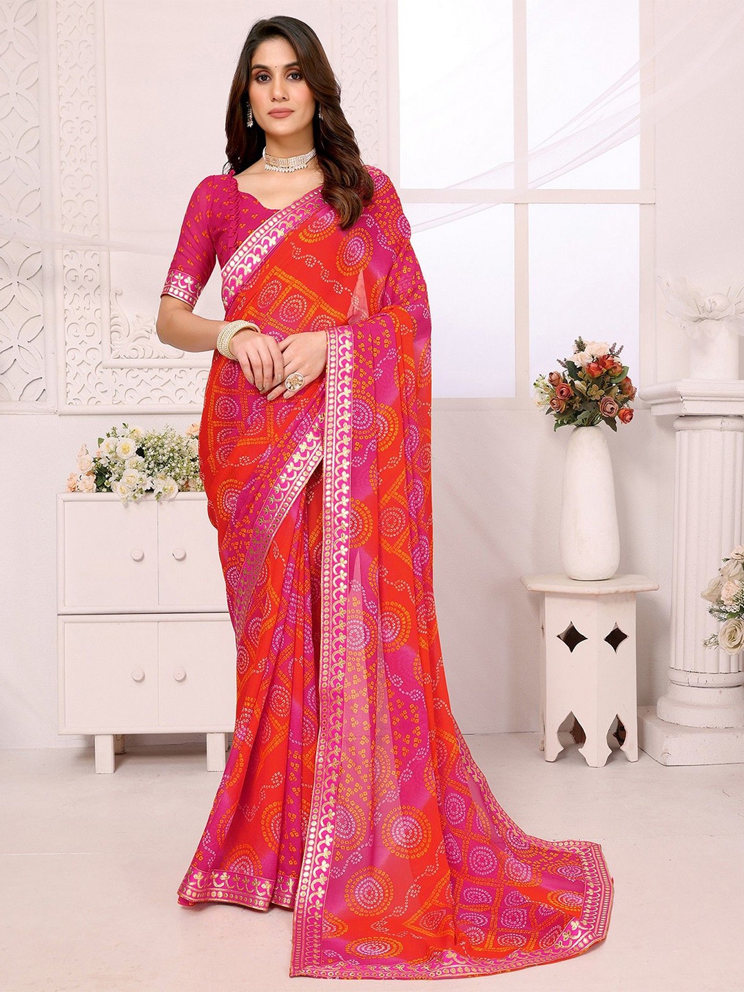 

KALINI Bandhani Embroidered Saree, Pink