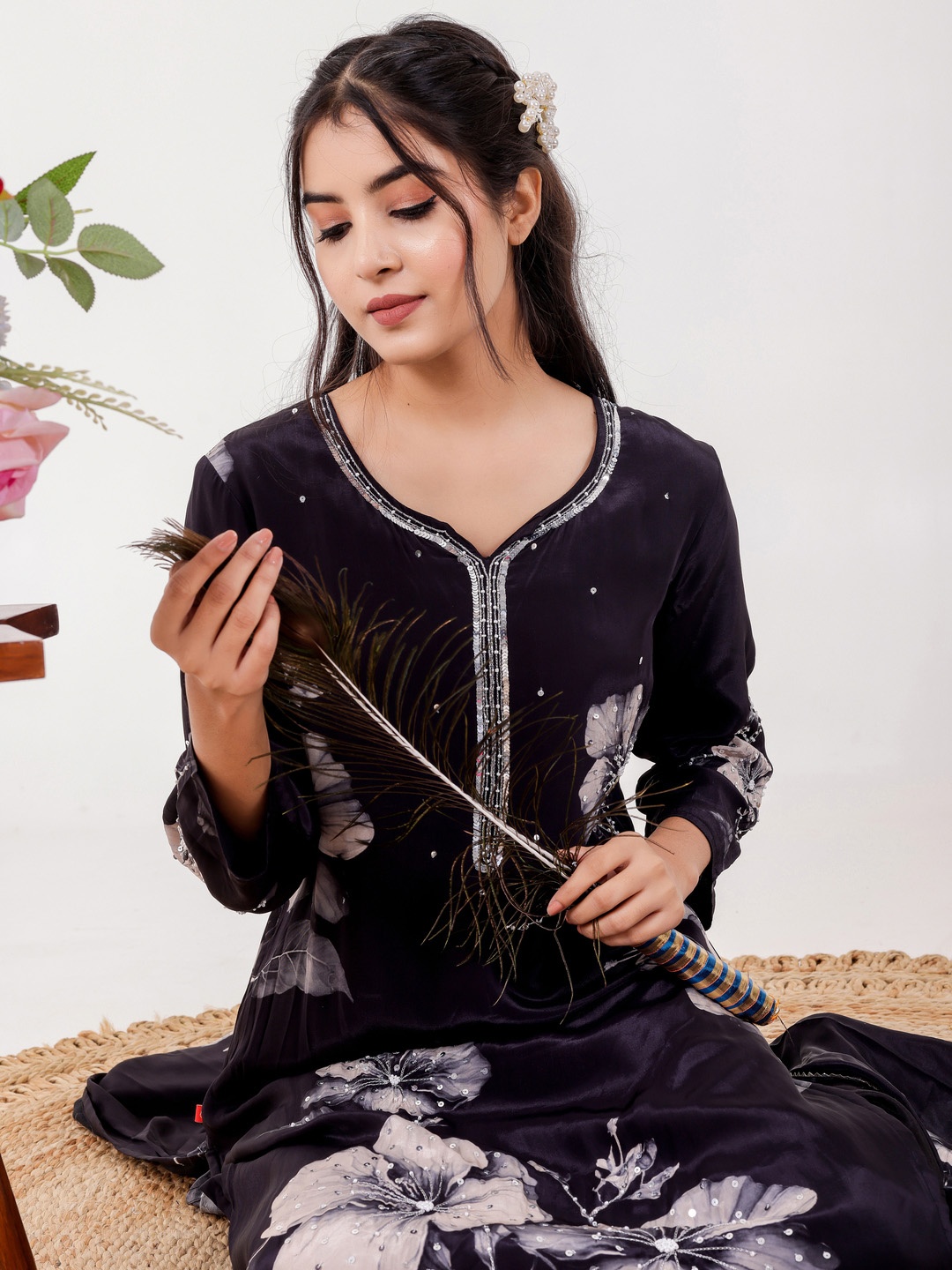 

VASVI Floral Embroidered Sequinned Straight Kurta with Trousers & Dupatta, Black