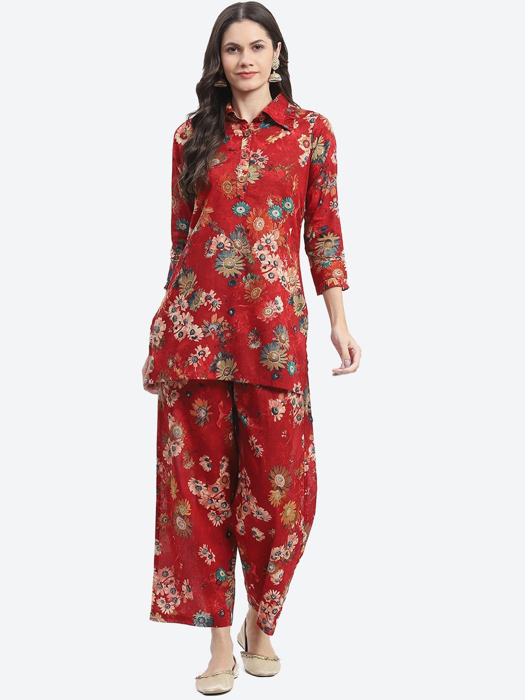 

Kurti's by Menka Printed Top With Trouser Co-Ords, Red