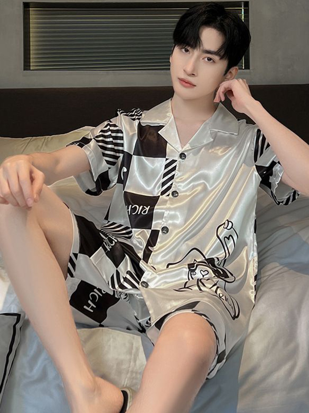 

StyleCast Printed Short Sleeve Shirt With Shorts Night Suit, Grey