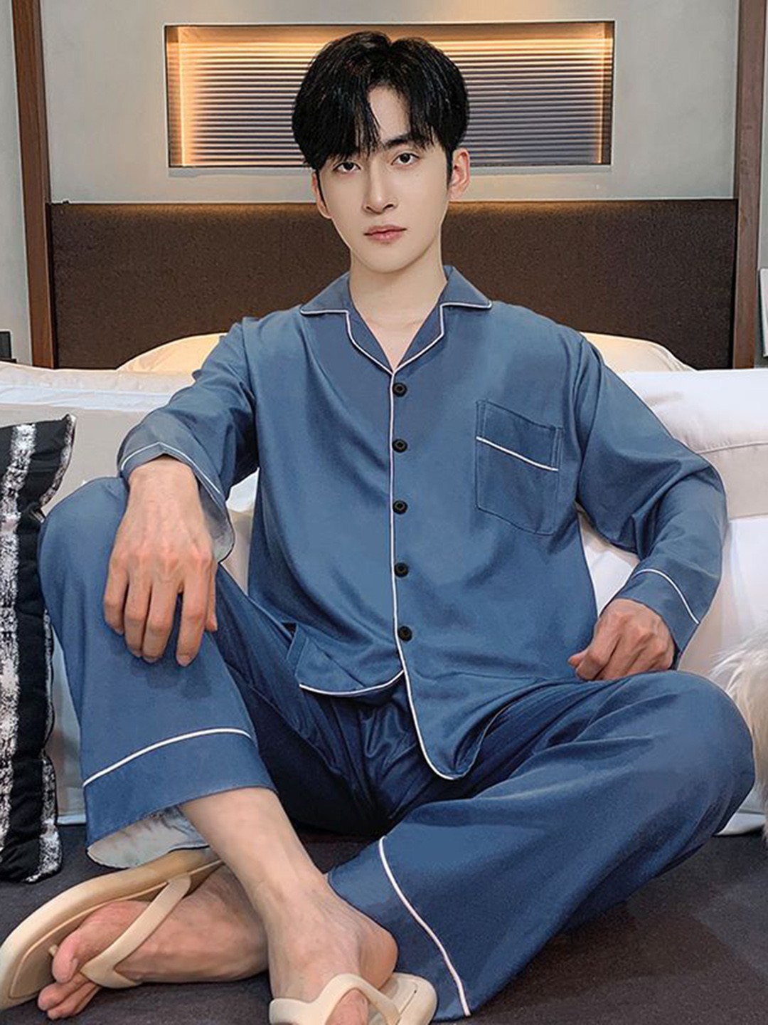 

StyleCast Lapel Collar Long Sleeves Shirt With Pyjama, Blue