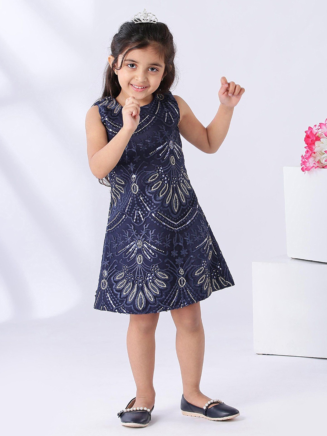 

Mark & Mia Girls Floral Cotton Printed A-Line Dress, Navy blue