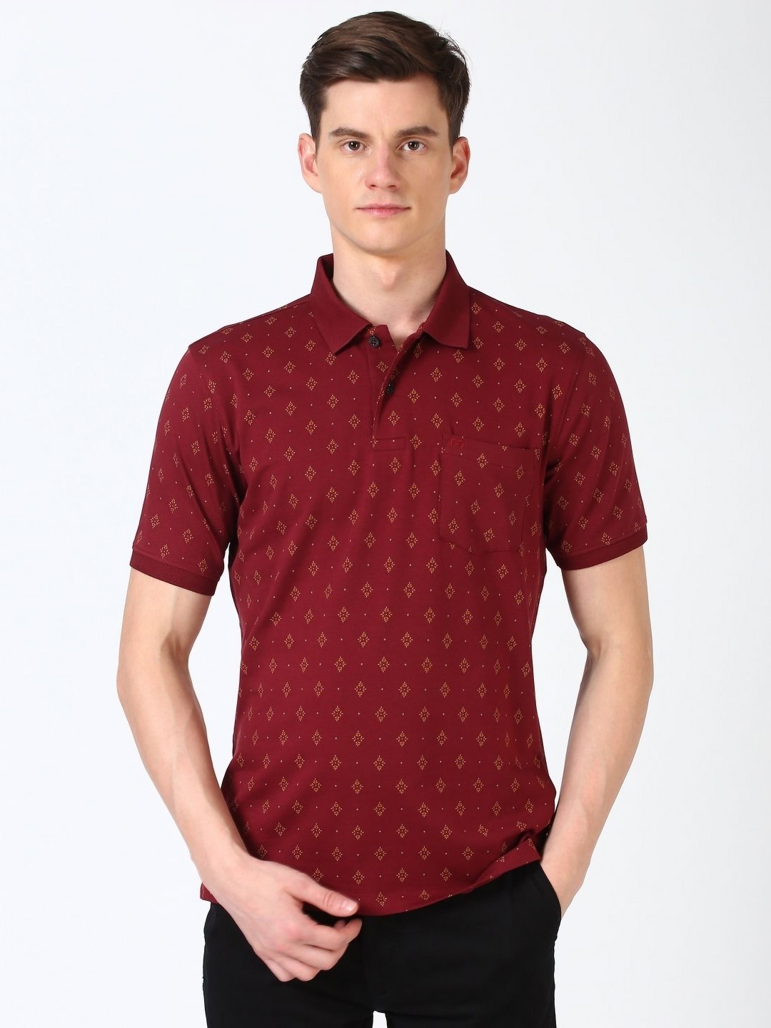 

Peter England Men Floral Printed Polo Collar Cotton T-shirt, Maroon