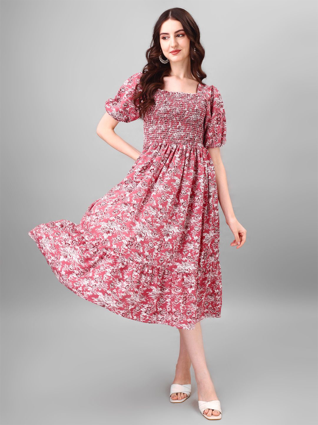 

Raiyani Enterprise Women Floral Printed Applique Fit & Flare Maxi Dress, Pink