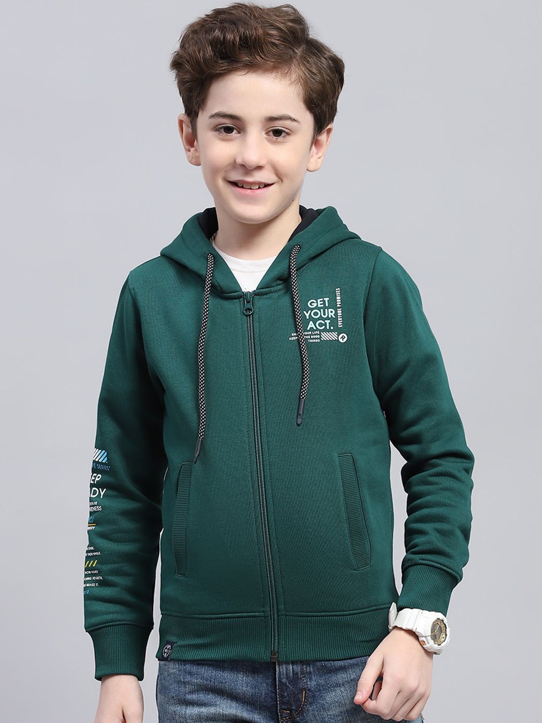 

Monte Carlo Boys Printed Hooded Front-Open Sweatshirt, Green