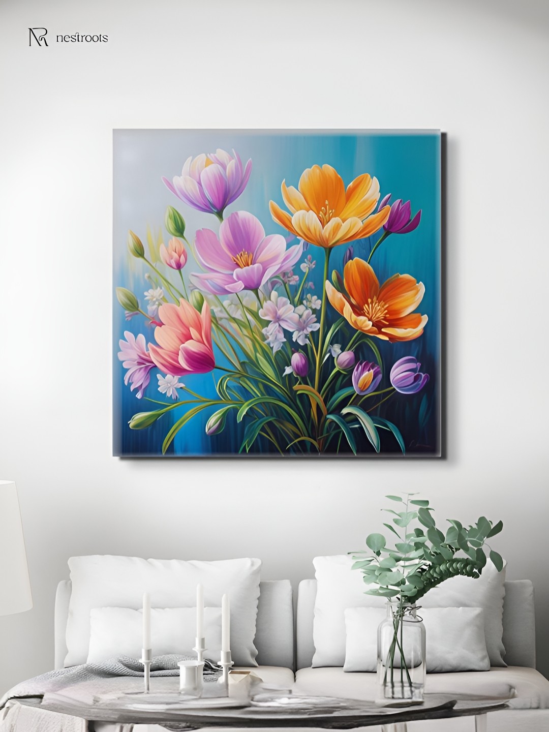 

nestroots Purple & Orange Vibrant Flowers Canvas Wall Paintings