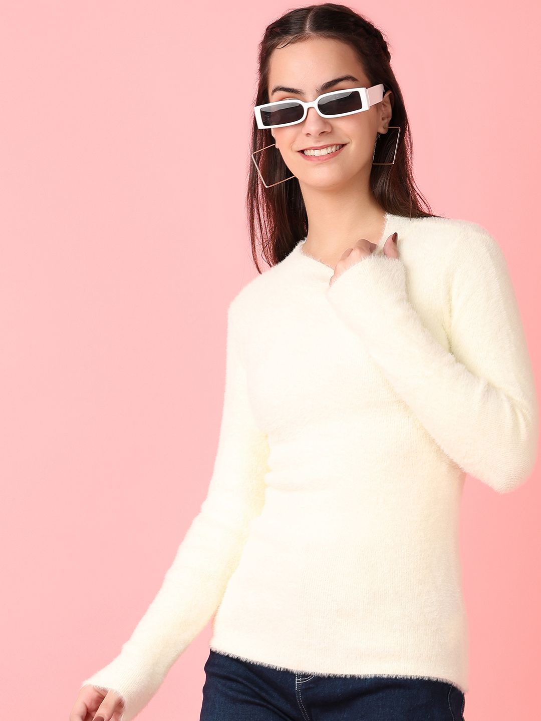 

V-Mart Women Self Design Round Neck Pullover Sweater, Off white