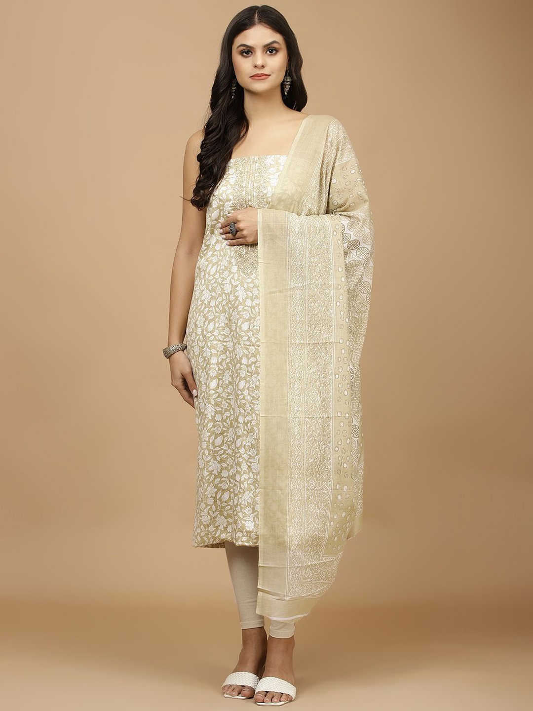 

Meena Bazaar Floral Printed Zari Unstitched Dress Material, Beige