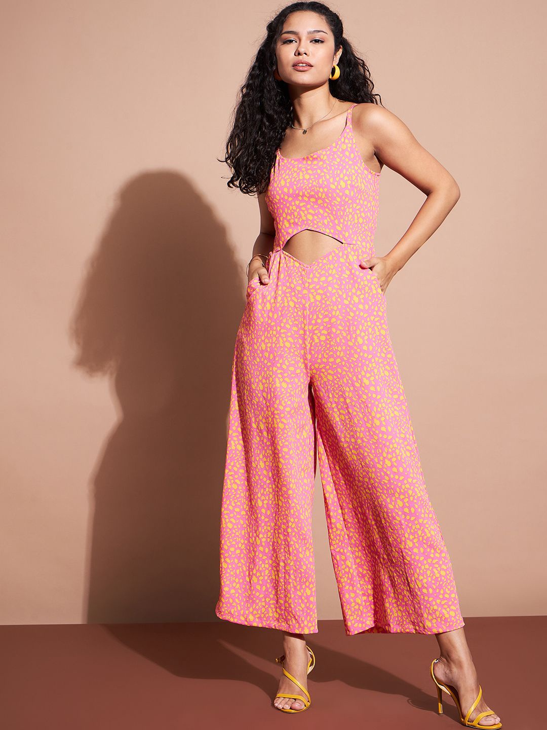 

Deewa Animal Printed Shoulder Strap Cut Outs Detail Basic Jumpsuit, Pink