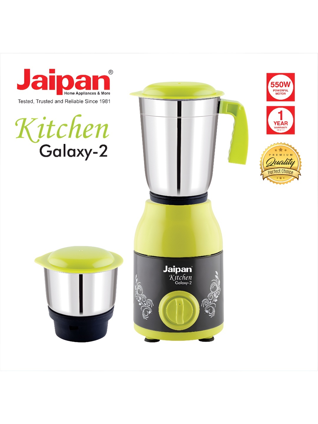 

Jaipan Galaxy Green Stainless Steel 550W Wet And Dry Grinder Juicer Mixer Grinder