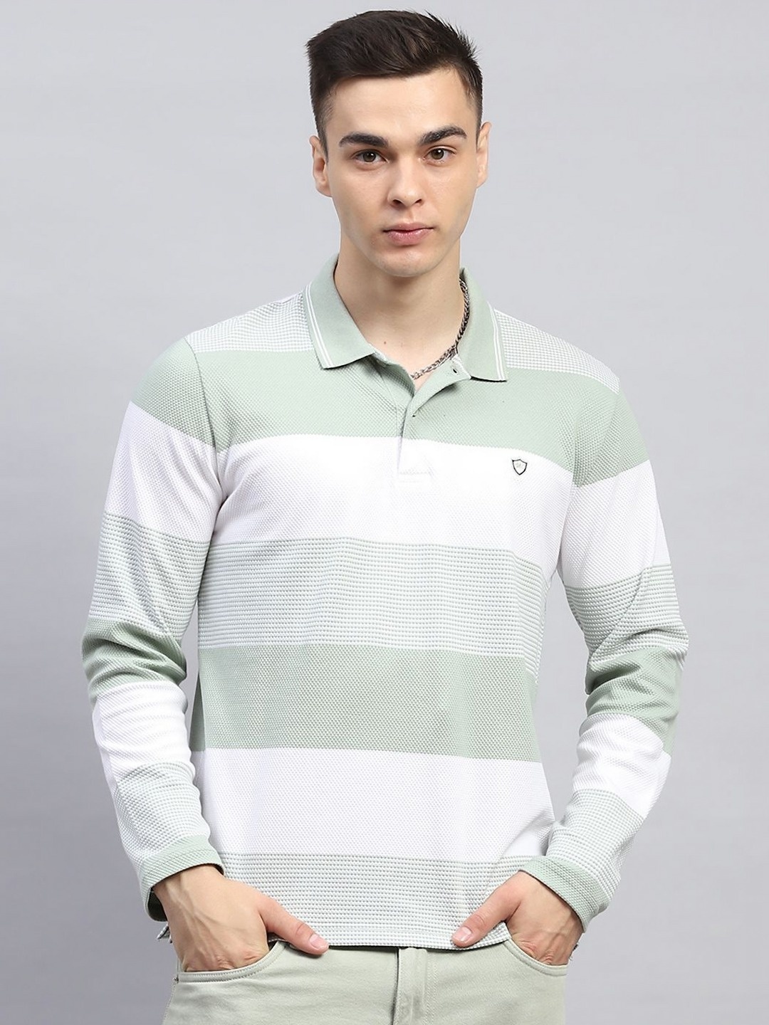 

Monte Carlo Men Striped Polo Collar Cotton T-shirt, Green