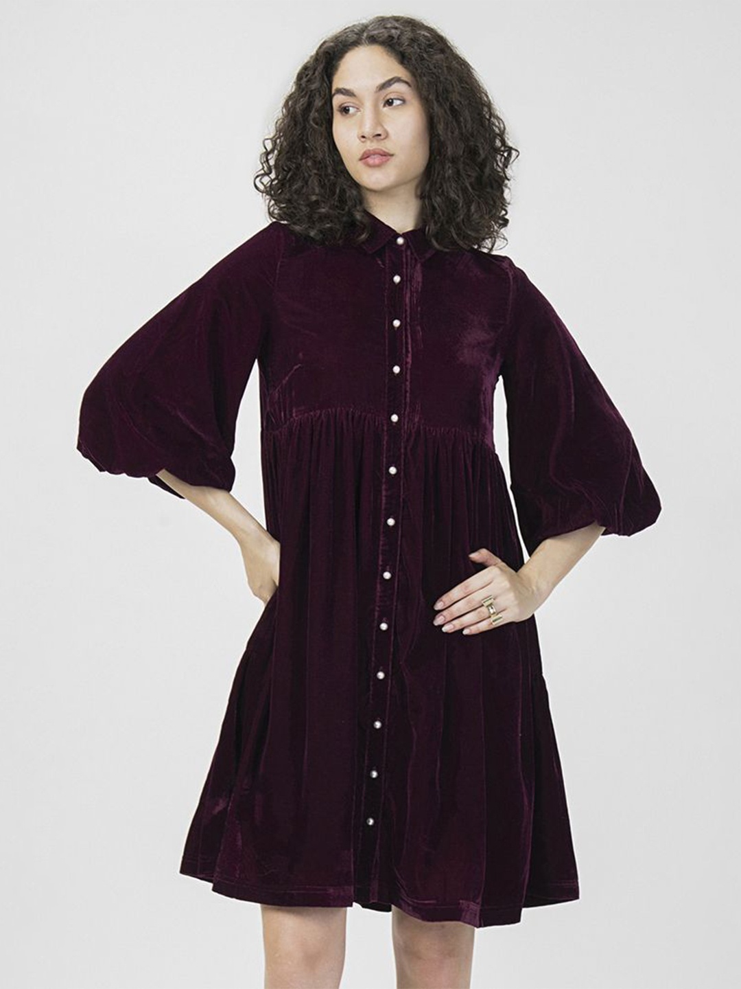 

HOUSE OF S Shirt Collar Fit & Flare Dress, Purple