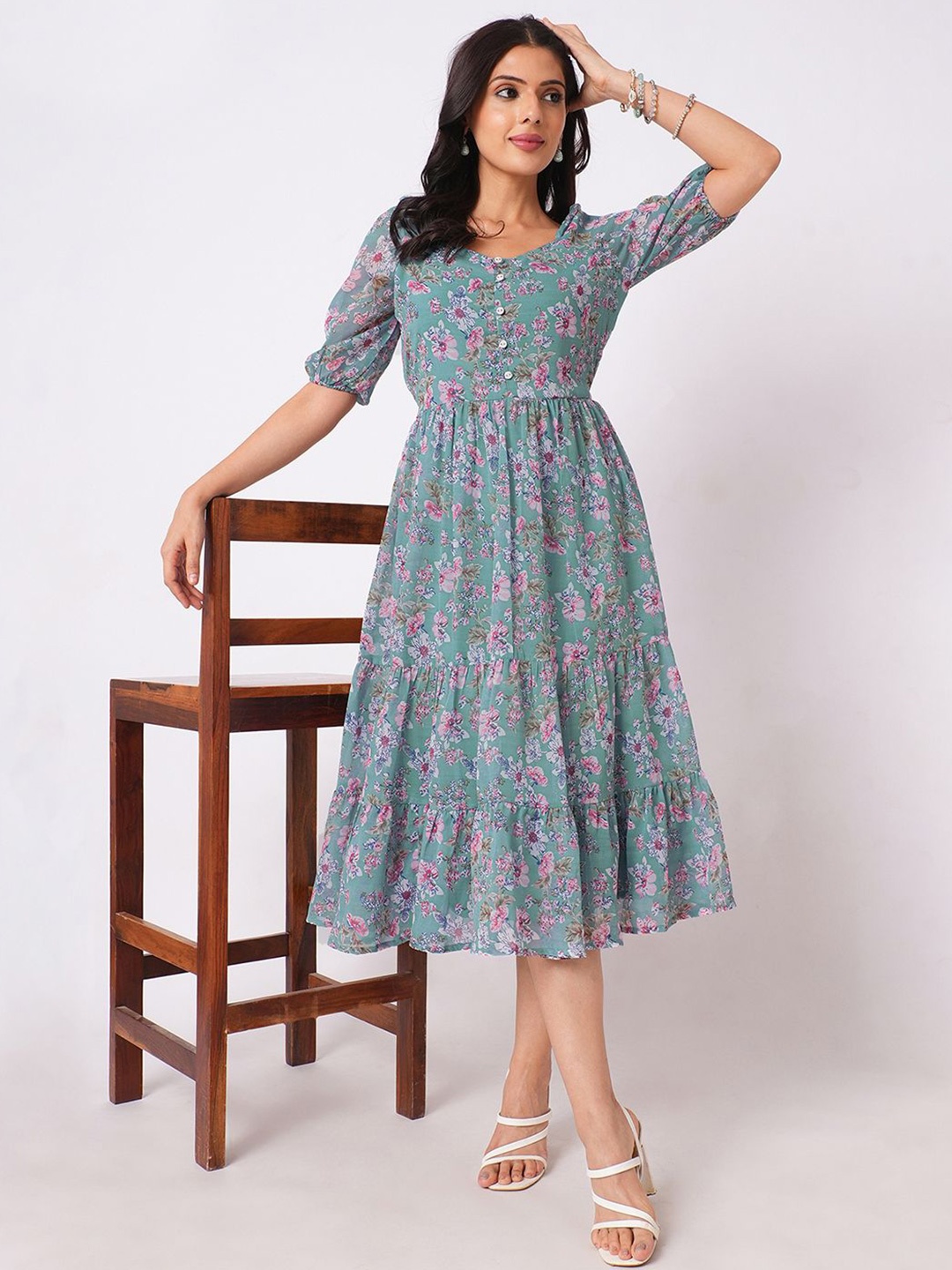 

Selvia Floral Print Puff Sleeve Fit & Flare Dress, Blue