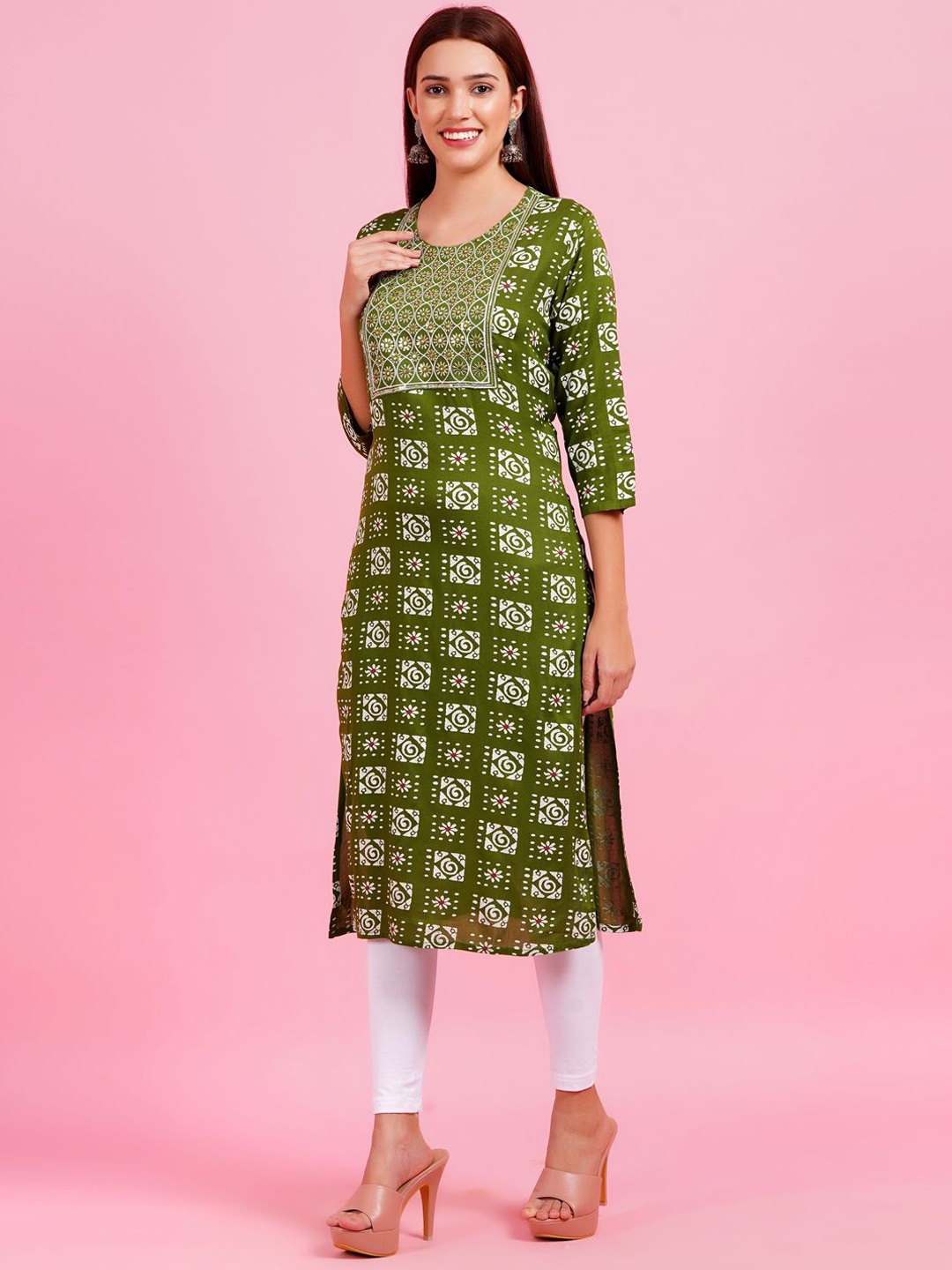 

JC4U Ethnic Motifs Printed Round Neck Cotton Straight Kurta, Green