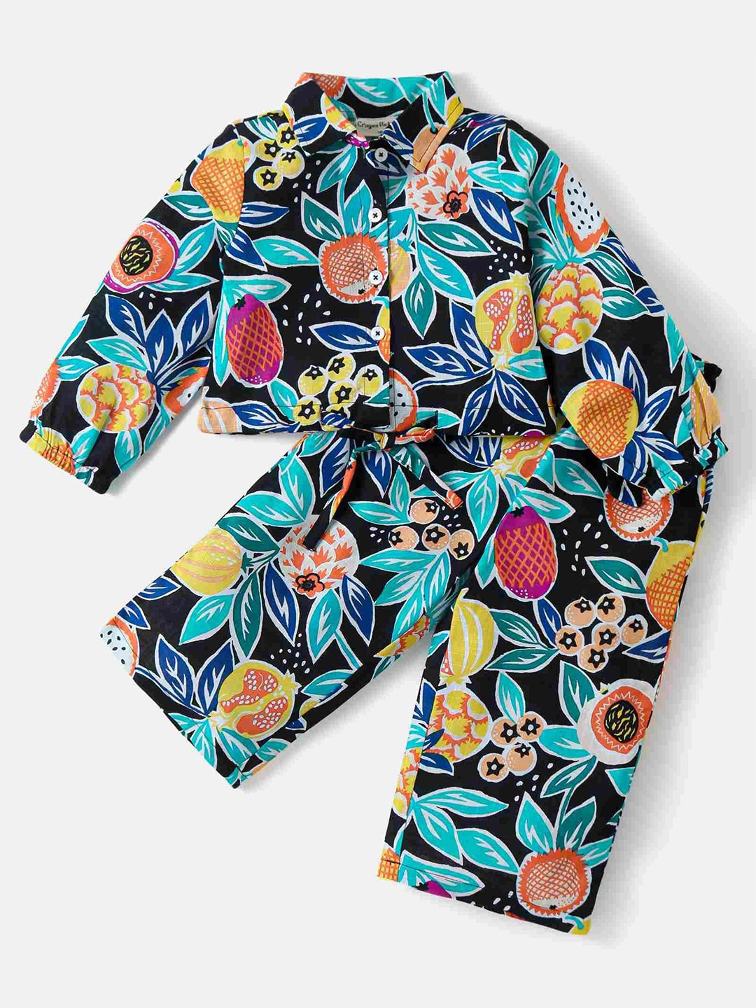 

CrayonFlakes Girls Floral Printed Pure Cotton Shirt with Palazzos, Black