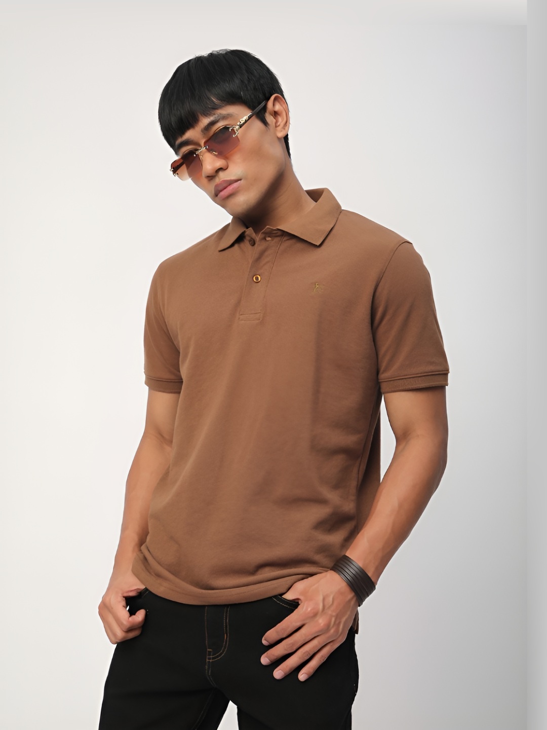 

R&B Men Polo Collar Pockets T-shirt, Brown