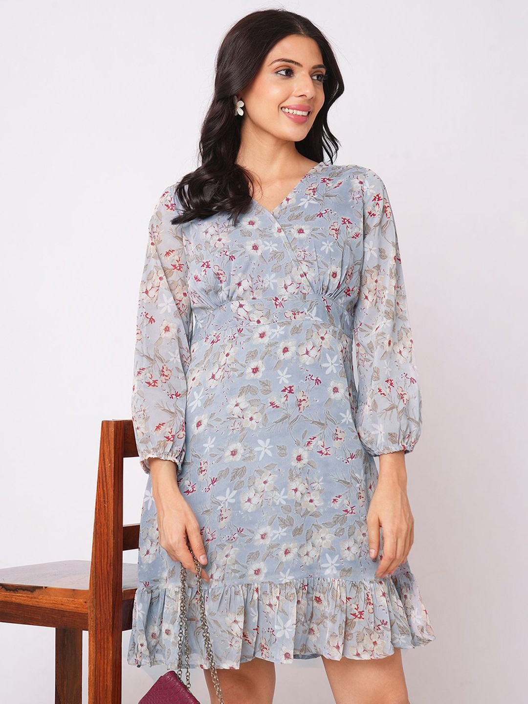 

Selvia Floral Printed Puff Sleeve Georgette A-Line Dress, Grey