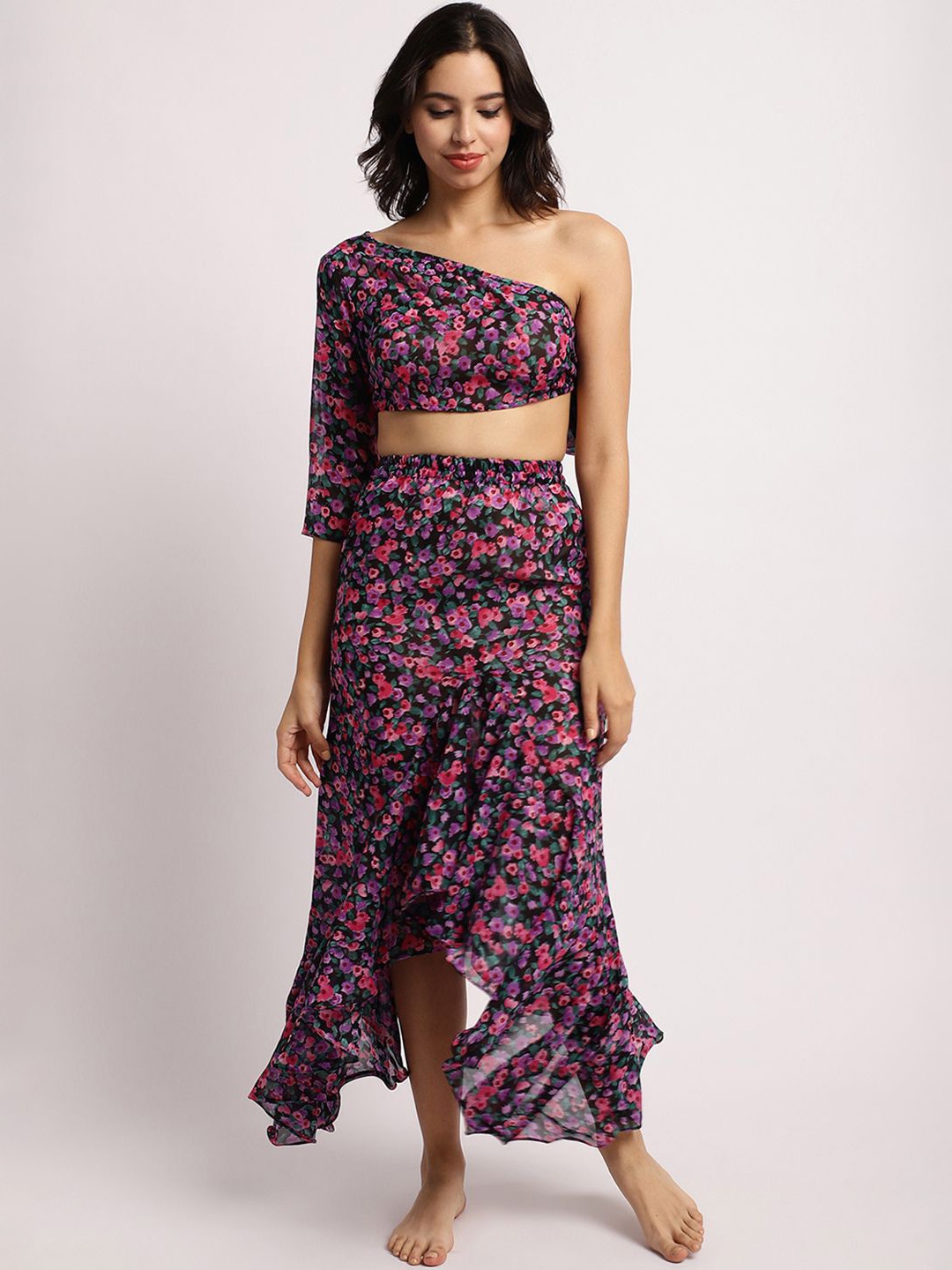 

EROTISSCH Floral Printed One Shoulder Crop Top & Skirt, Purple