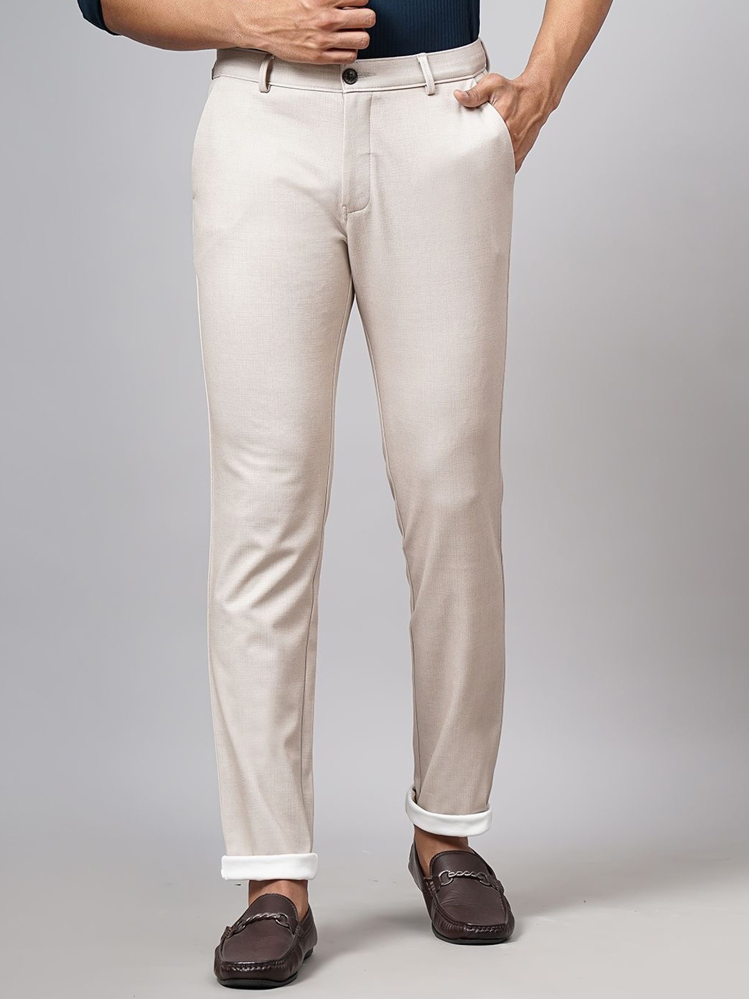 

JADE BLUE Men Solid Slim Fit Mid-Rise Regular Trousers, Cream