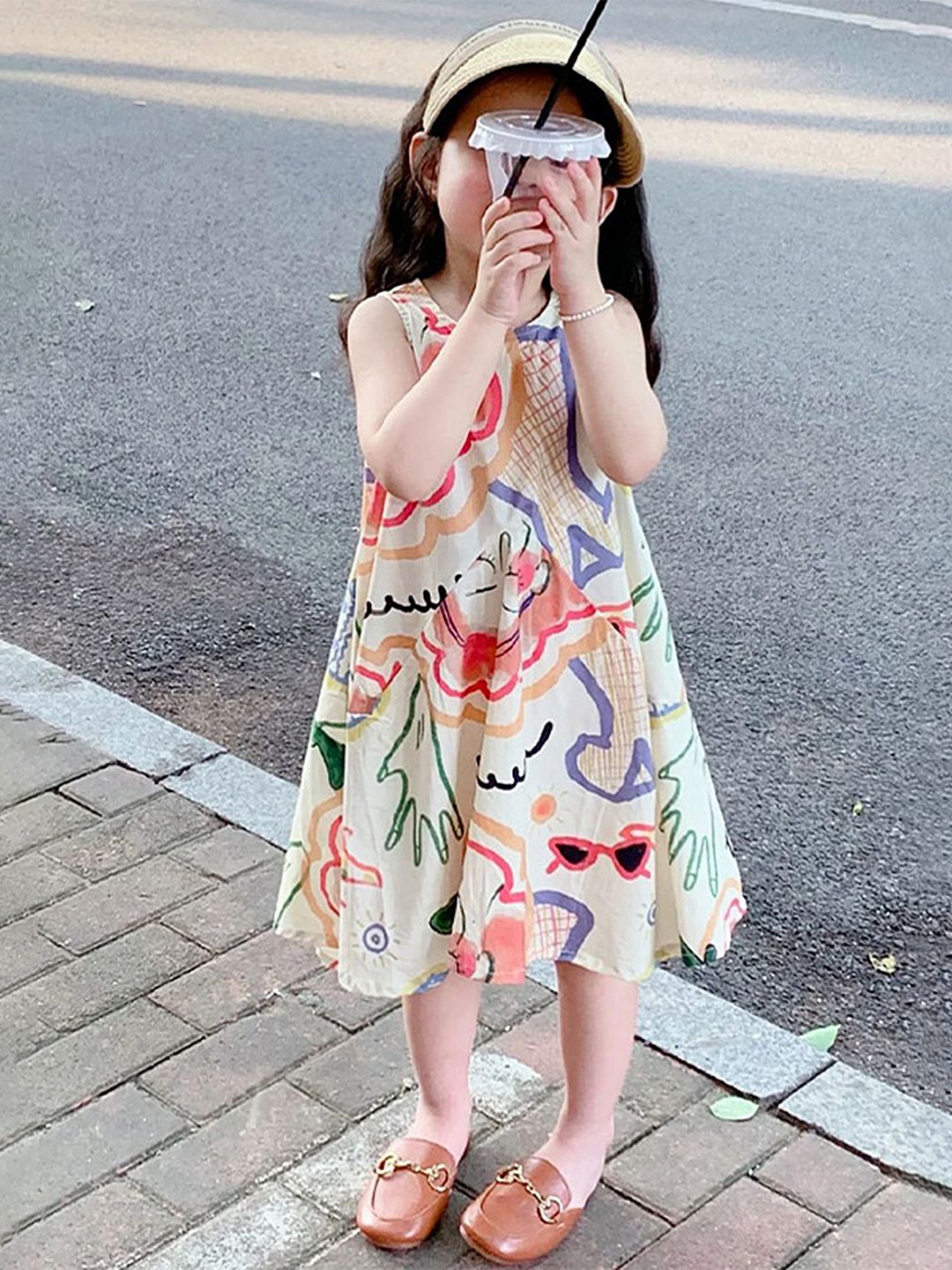 

LULU & SKY Girls Abstract Printed A-Line Knee Length Dress, White