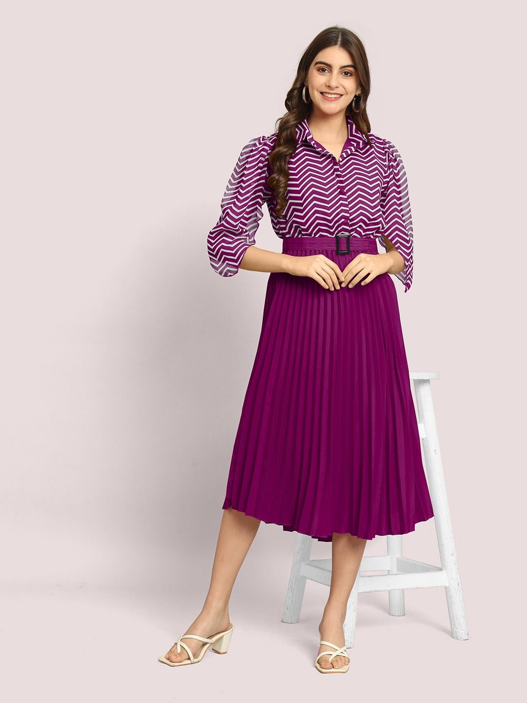 

Krunal Raiyani Women Georgette Fit & Flare Midi Dress, Magenta