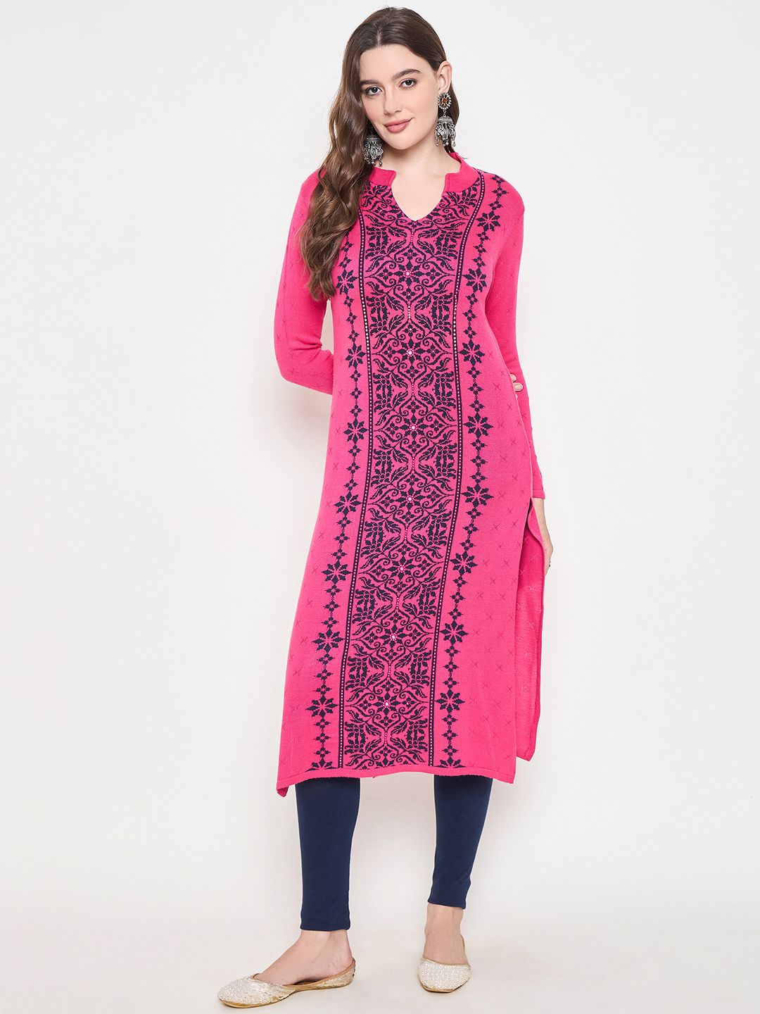 

Zigo Floral Woven Design Mandarin Collar Woollen A-Line Kurta, Pink