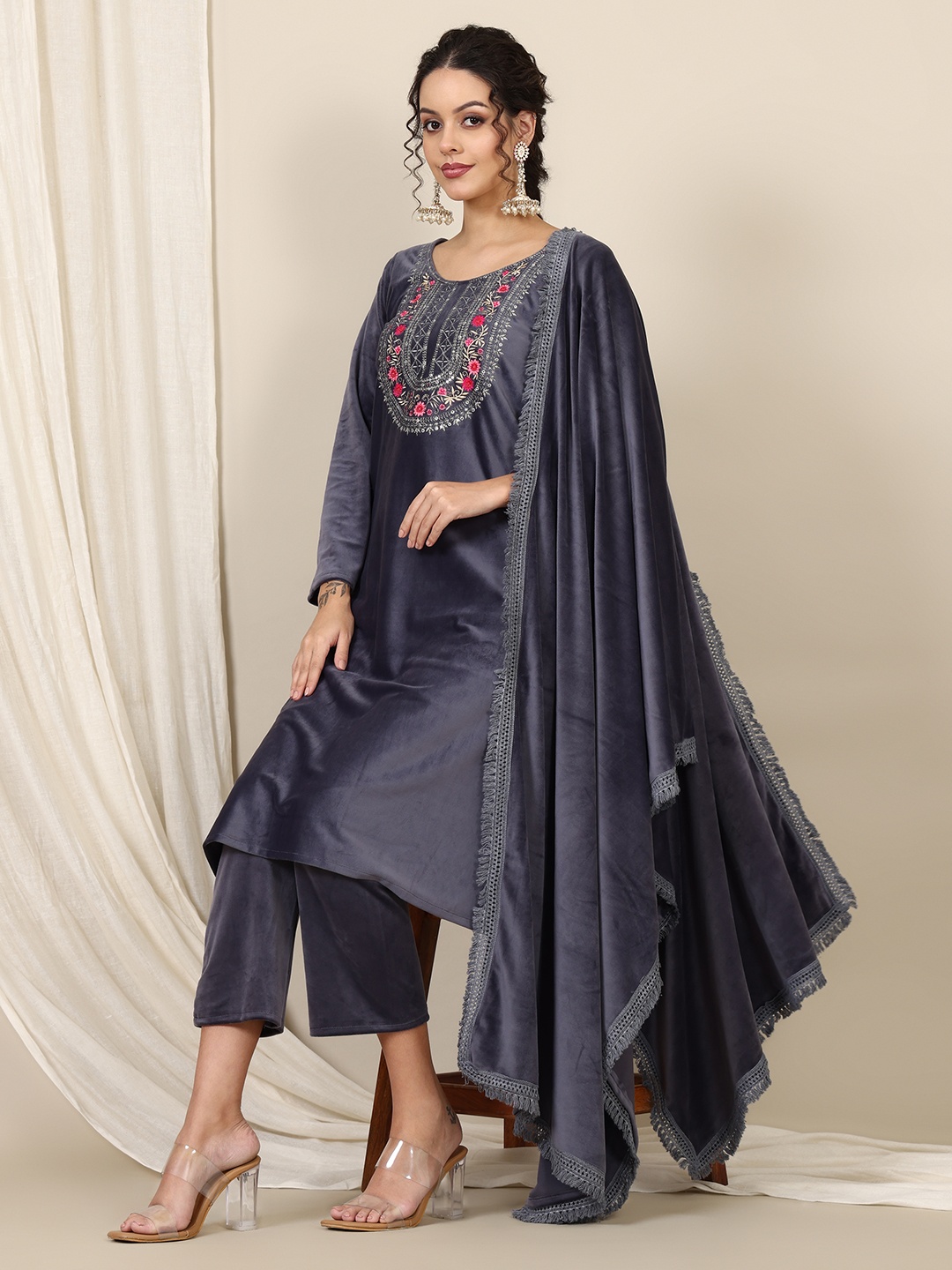 

KALINI Floral Embroidered Pure Woollen Straight Kurta With Trouser & Dupatta, Grey