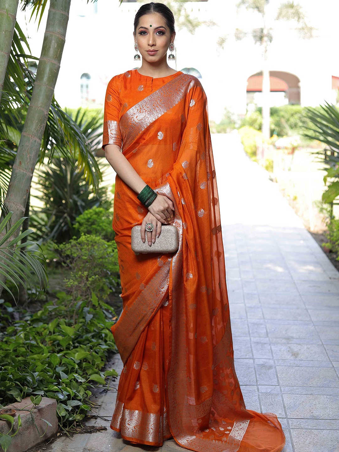 

Banarasee Ethnic Motifs Woven Design Zari Banarasi Saree, Orange