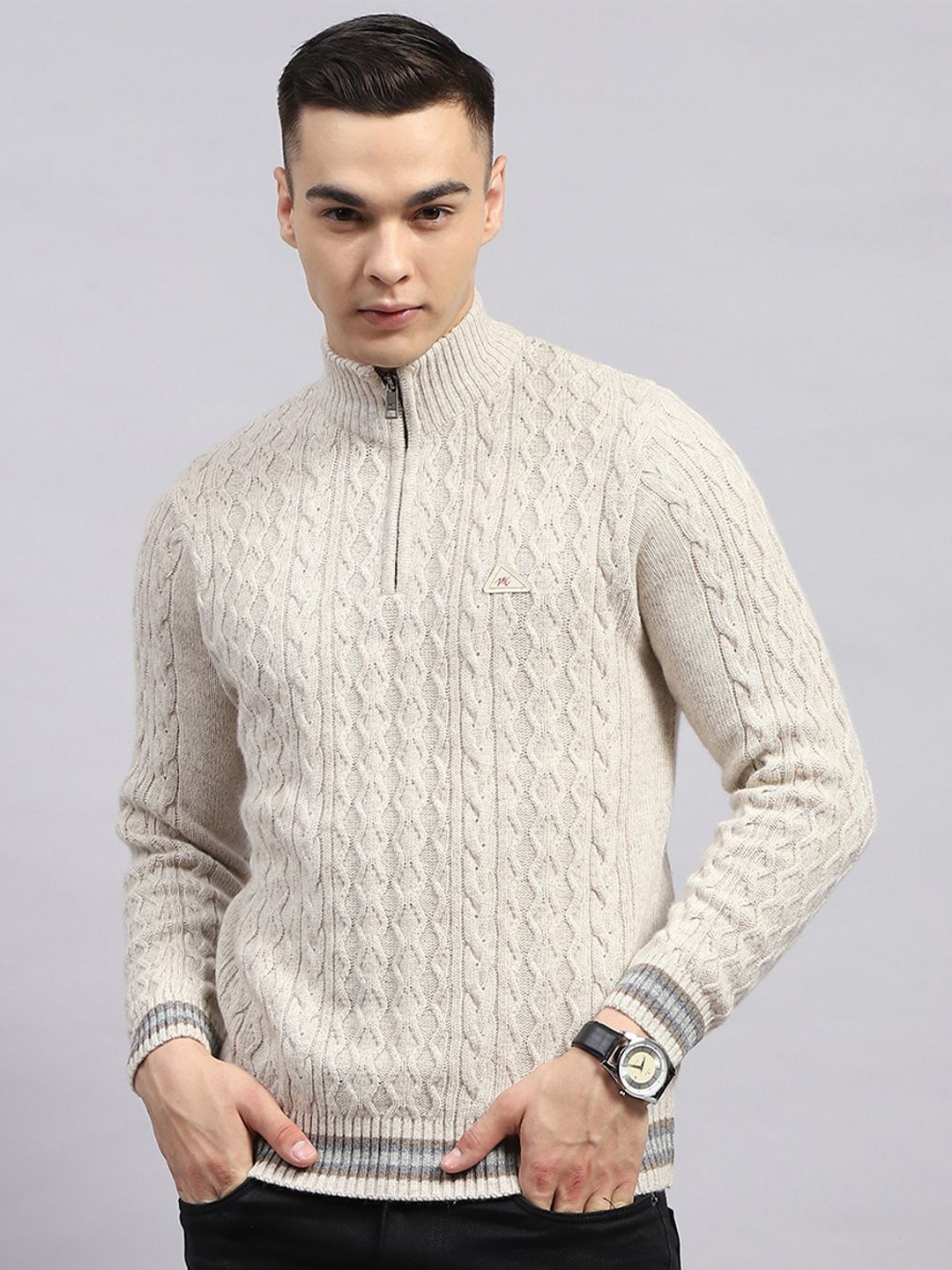 

Monte Carlo Men Mock Collar Woollen Pullover Sweater, Cream