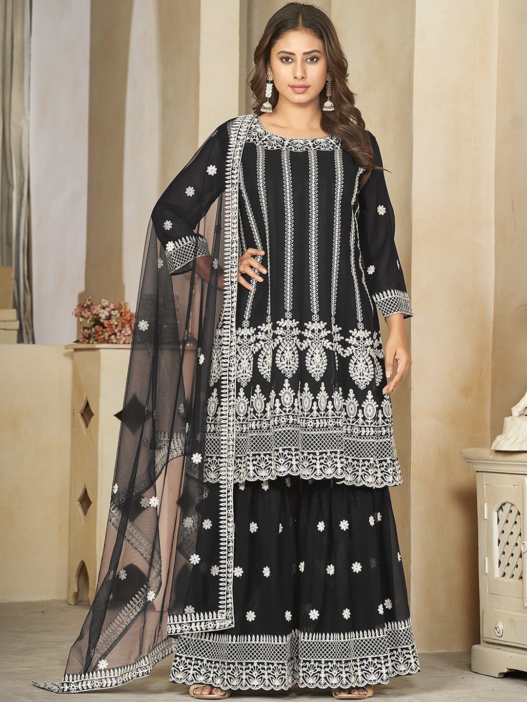 

Warthy Ent Ethnic Motifs Embroidered Semi-Stitched Dress Material, Black