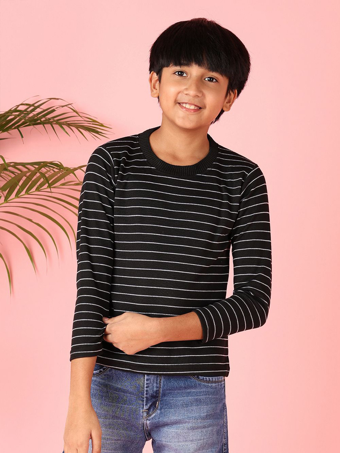 

V-Mart Boys Striped Round Neck Pullover Sweater, Black