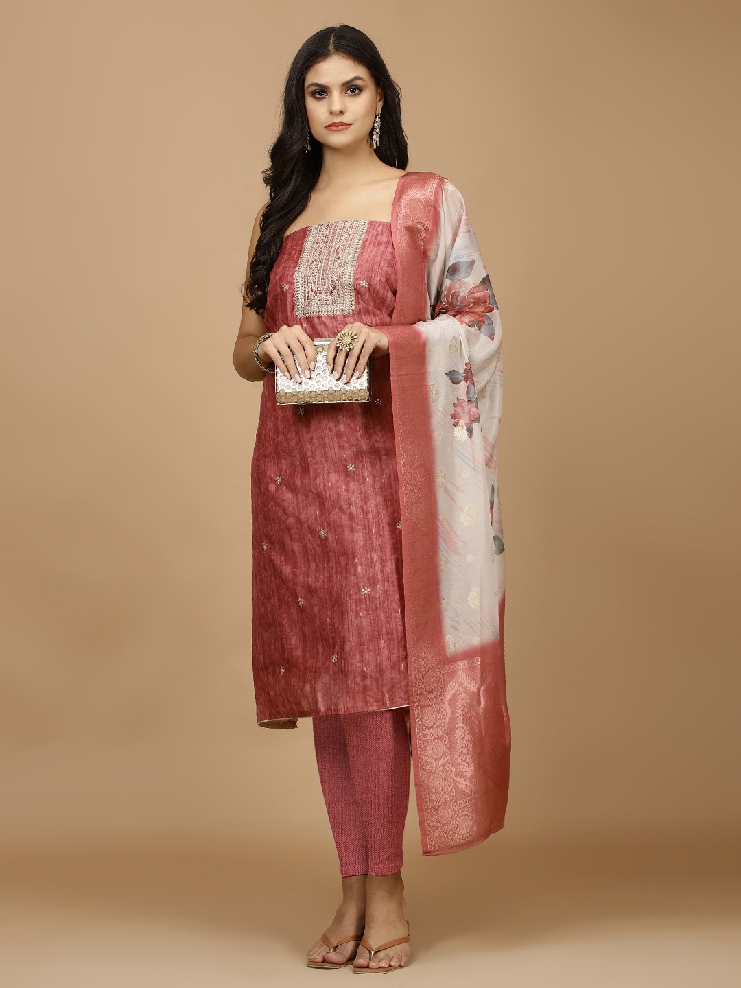 

Meena Bazaar Floral Printed Sequinned Art Silk Unstitched Dress Material, Pink