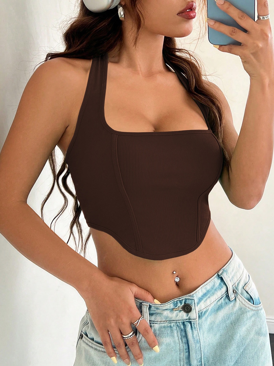 

HERE&NOW Women Crop Solid Casual Top, Brown