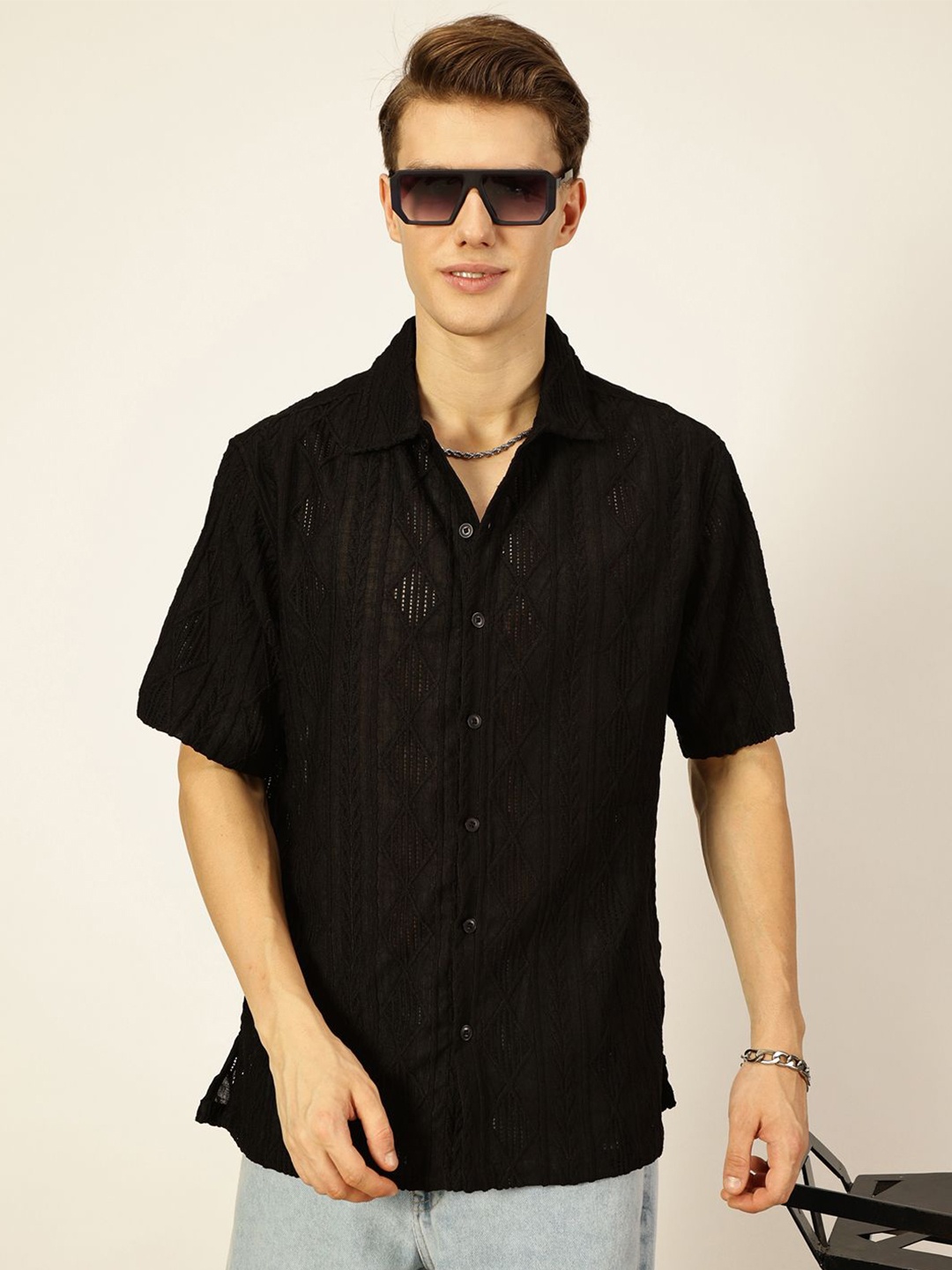 

Thomas Scott Men Premium Spread Collar Textured Oversized Casual Shirt, Black