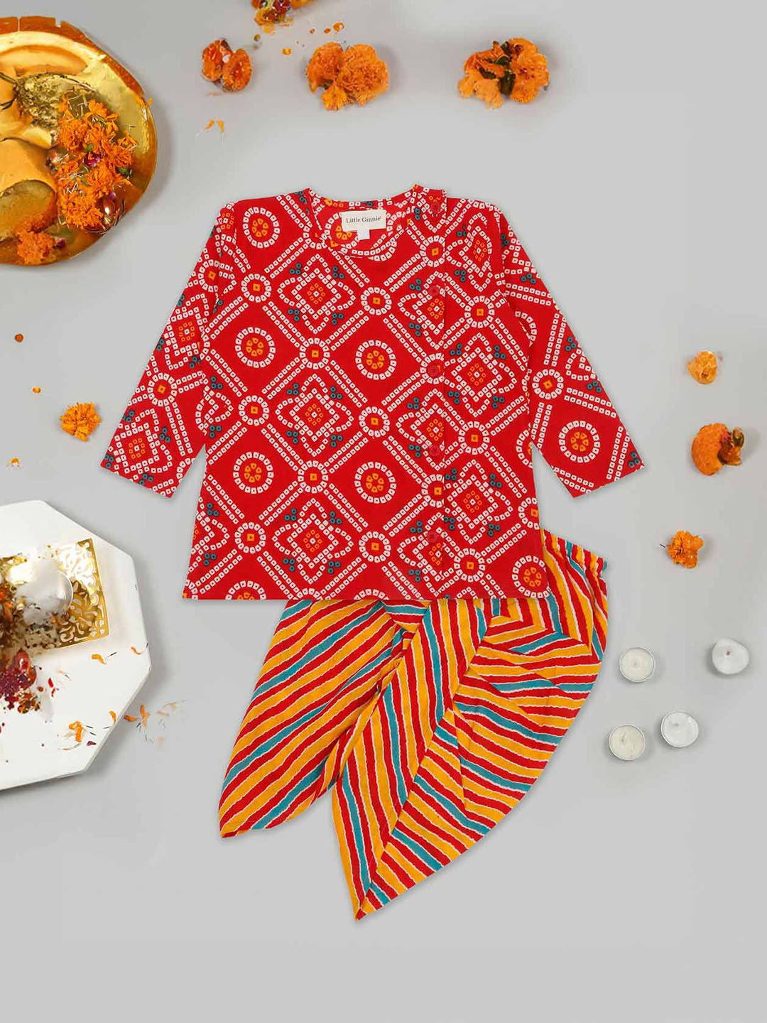 

LITTLE GINNIE Boys Bandhani Printed Round Neck Kurta With Dhoti Pants, Red