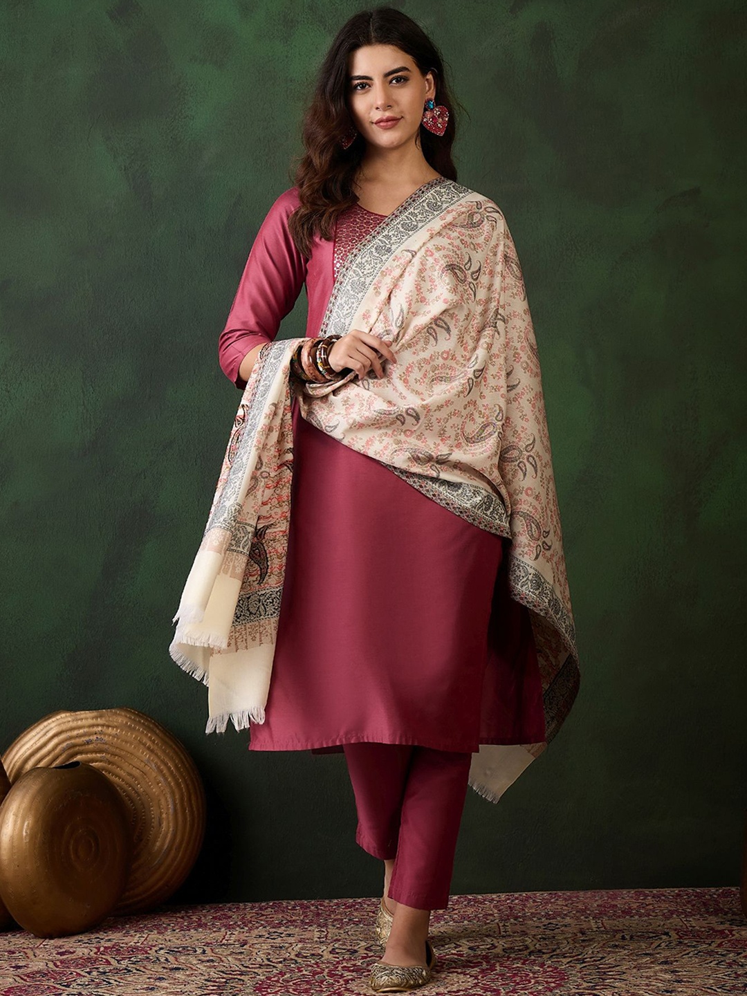 

Sangria Ethnic Motifs Woven Design Winter Pashmina Shawl, Cream